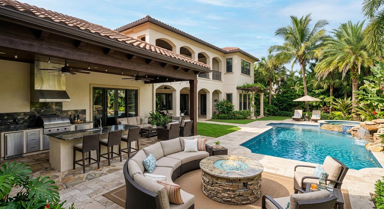 Luxury Florida backyard with a swimming pool, tropical landscaping, and outdoor lounge seating