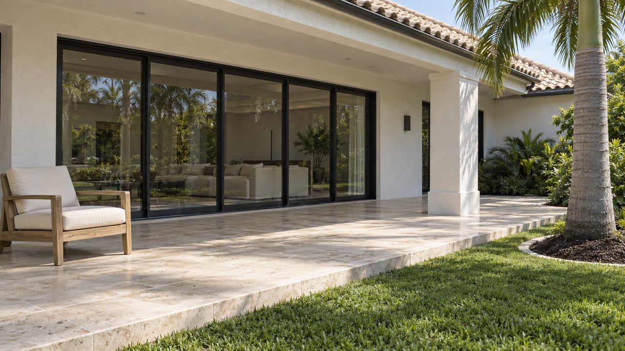 White stucco estate terrace with pale roof tiles, black-framed glass doors, limestone paving and a royal palm beside the lawn.