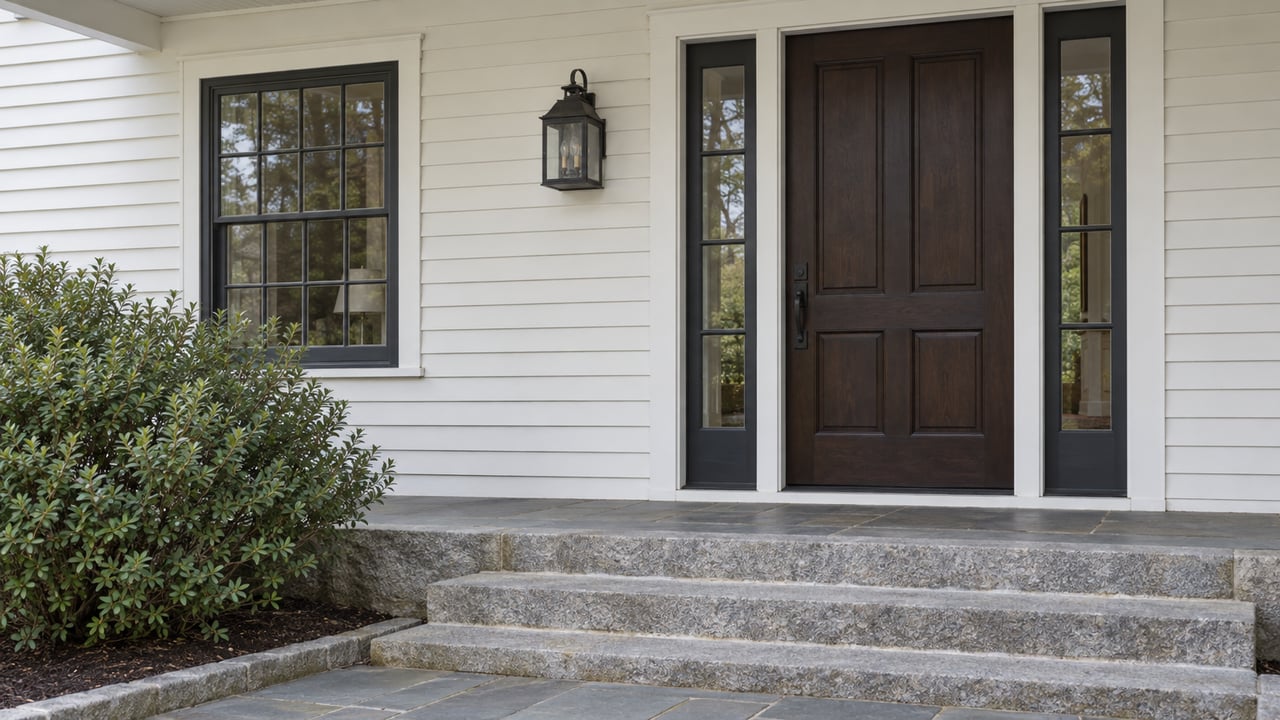Warm-white clapboard entry with dark paneled door, flanking sidelights, sash window, granite steps, and bayberry shrub.