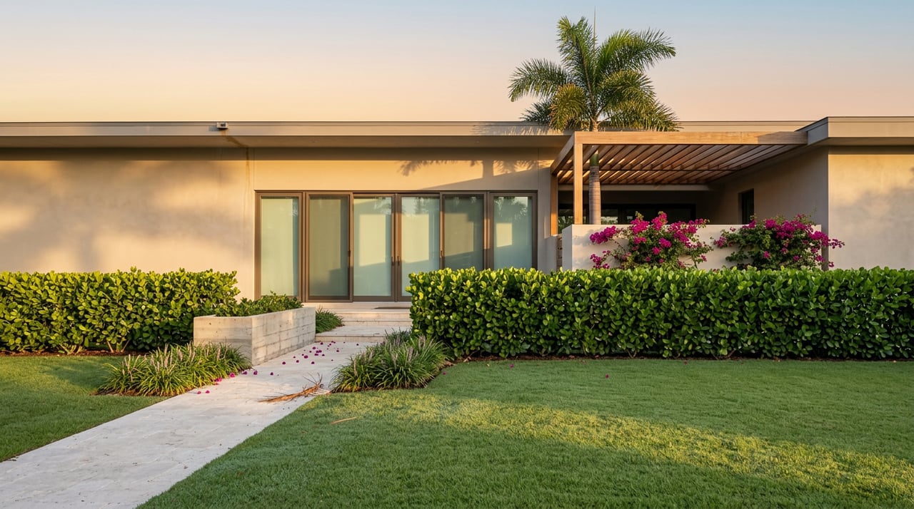 Coastal-contemporary home behind a clipped hedge, with a curved travertine path and royal palm in warm morning light.