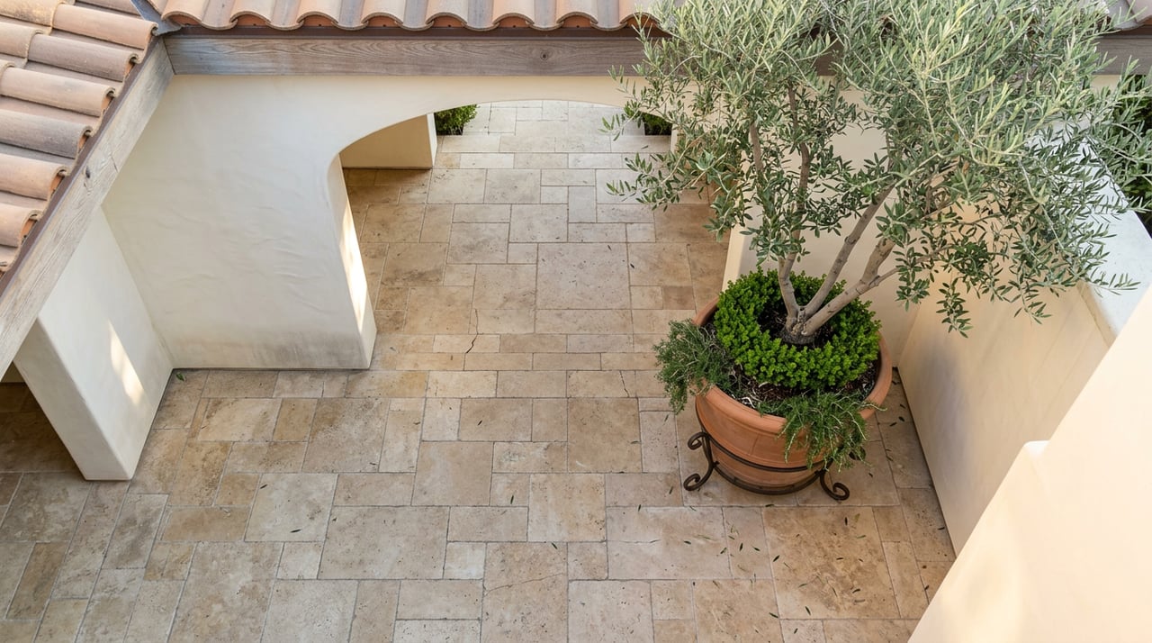Travertine courtyard with a terracotta olive-tree planter, trailing rosemary, and a stucco archway beneath clay roof tiles.