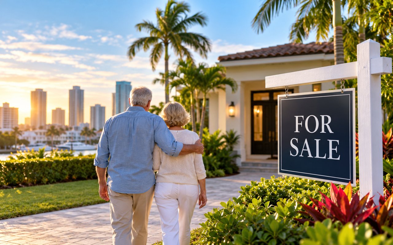 Florida home for sale with a couple approaching, palm trees, and a waterfront skyline at sunset.