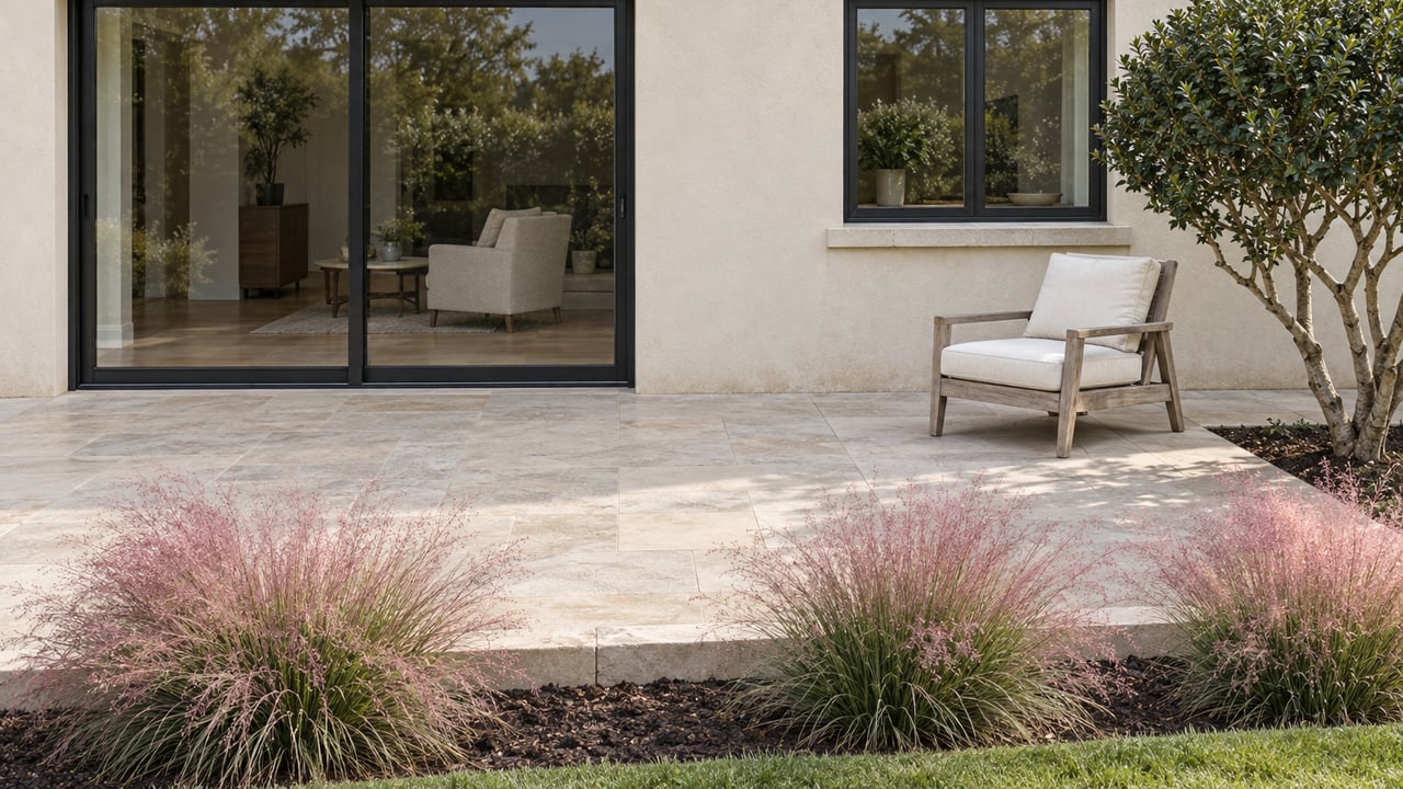Cream stucco home opening onto a pale limestone terrace with black-framed glass doors, a teak lounge chair and pink flowering muhly grass.