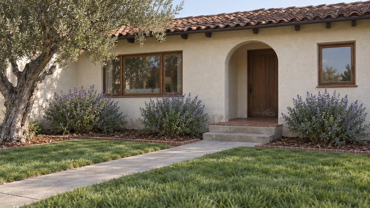 An ivory stucco home with a clay tile roof, recessed timber entry, olive tree and deep front garden in soft morning light.