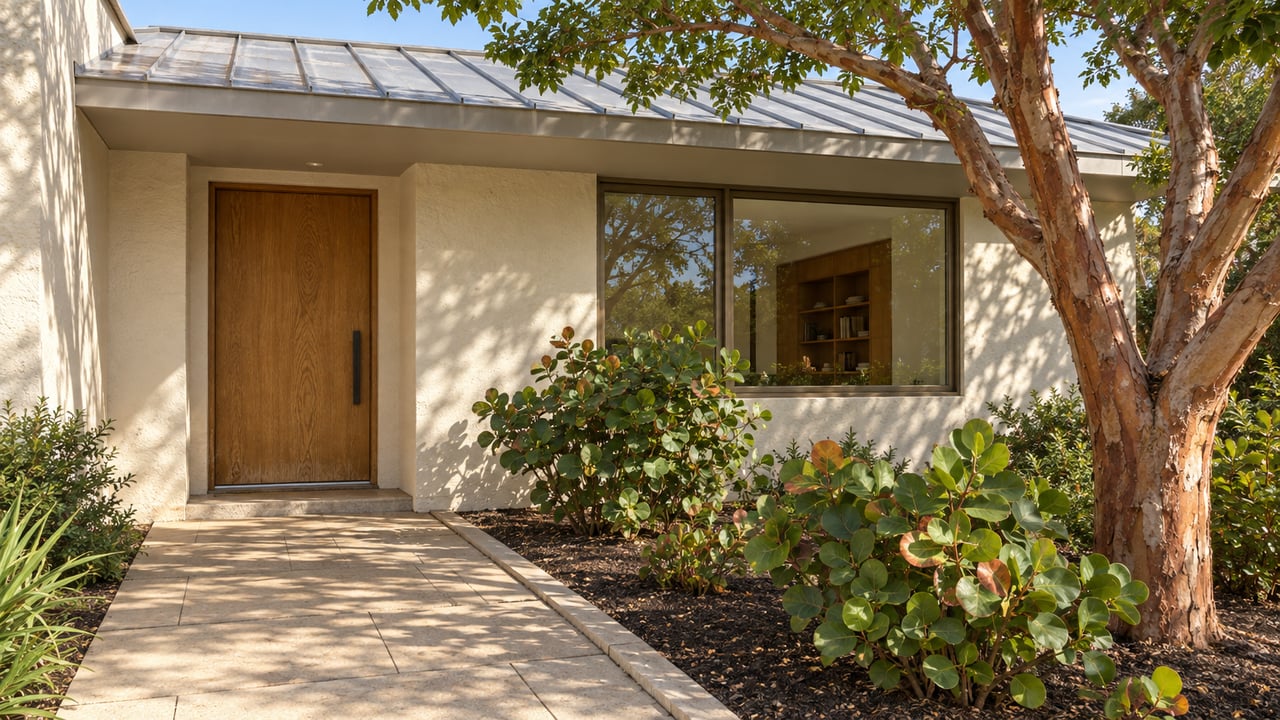 Ivory stucco home with a sheltered wood entry door, bronze-framed window and sand-colored garden walkway beside a peeling-trunk tree.