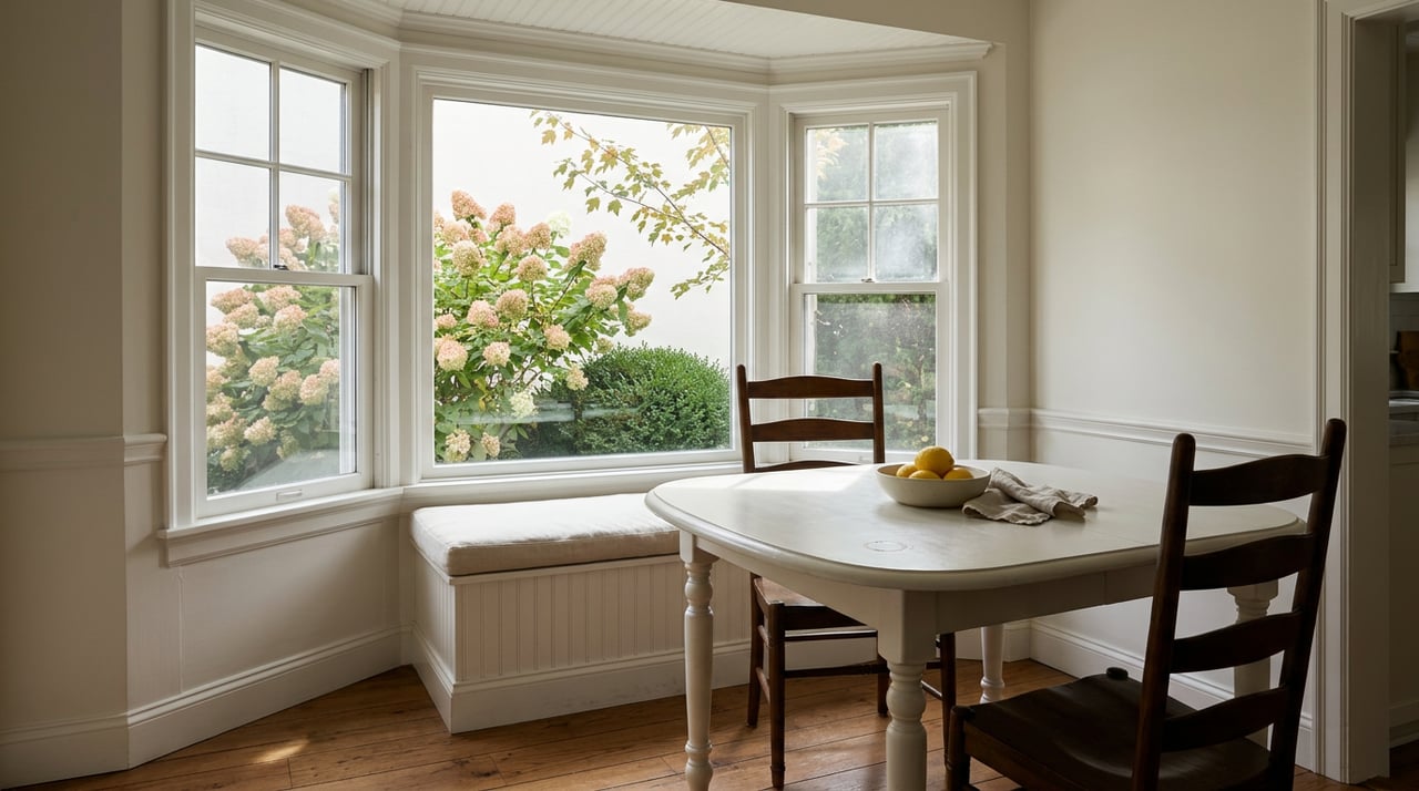 Breakfast nook with a white pedestal table, lemon bowl, linen-cushioned bench, and flowering shrubs beyond the bay window.