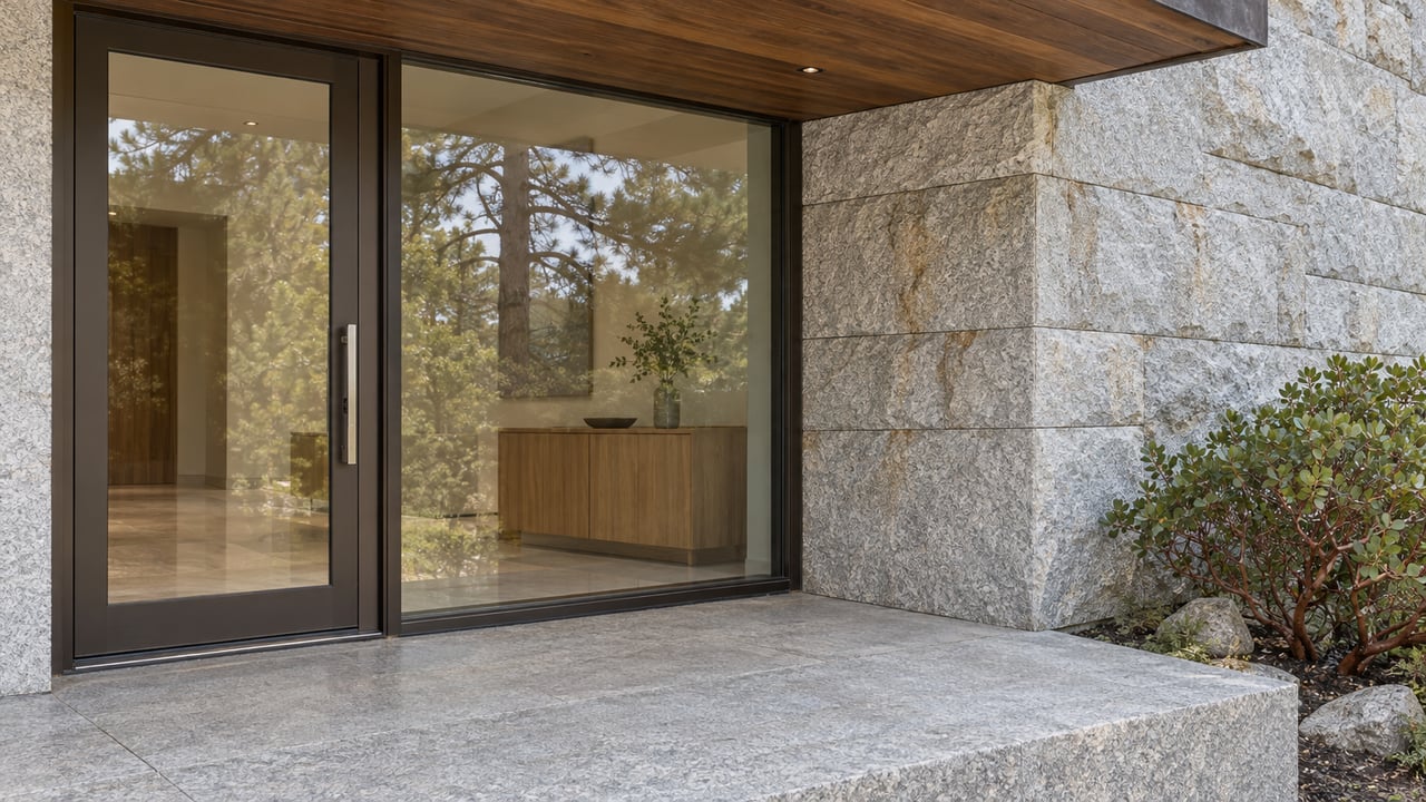 Closed bronze-framed glass entry beneath an ash canopy, with a pale granite landing and red-stemmed manzanita beside the raised stone edge.