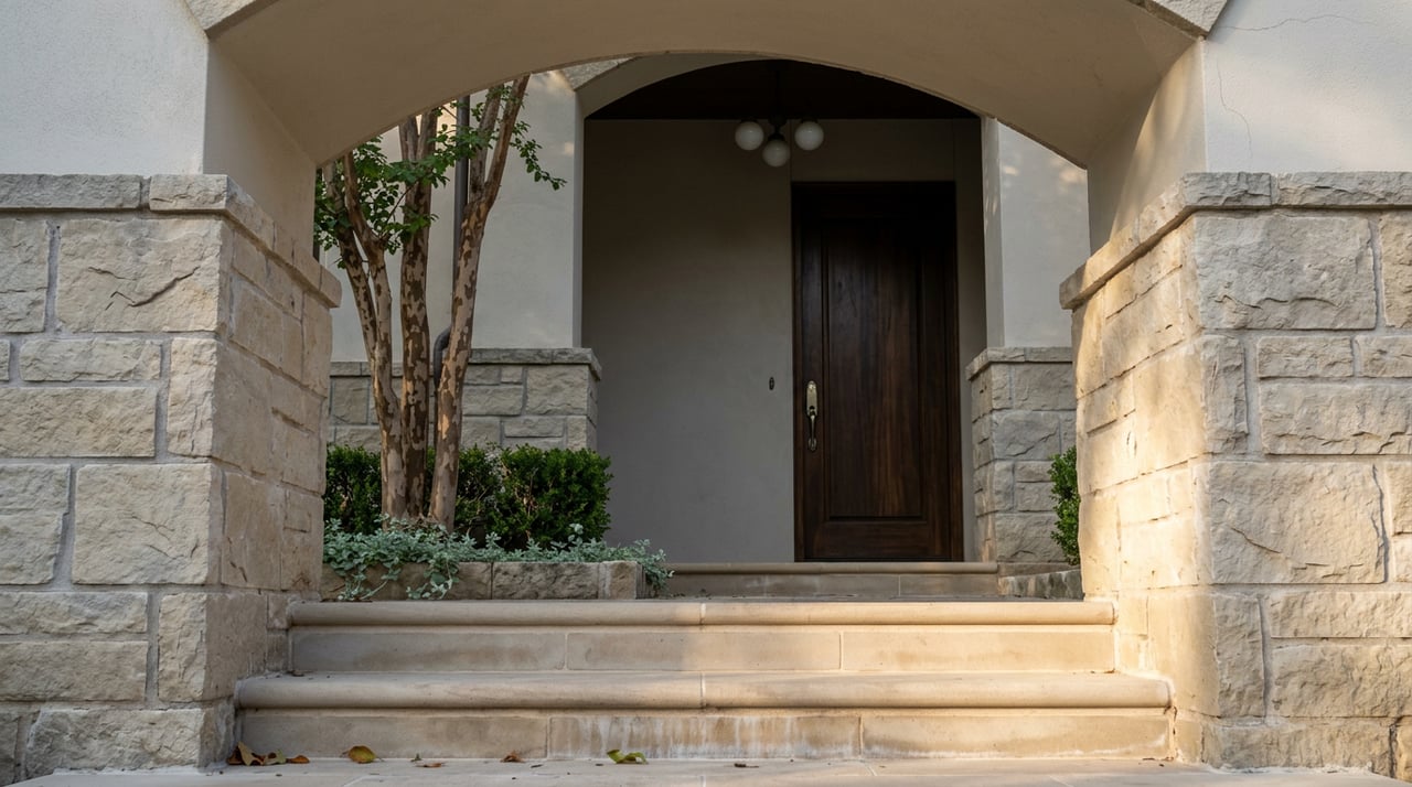 Sunlit limestone entry steps lead to a shadowed arched alcove with a dark wood door and iron pull.