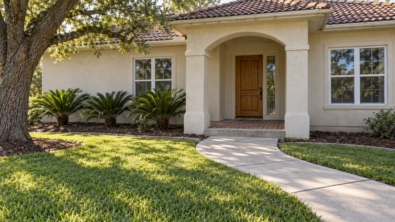 Cream stucco home with a terracotta-toned roof, arched brick porch, curved concrete walk and oak-shaded green lawn.
