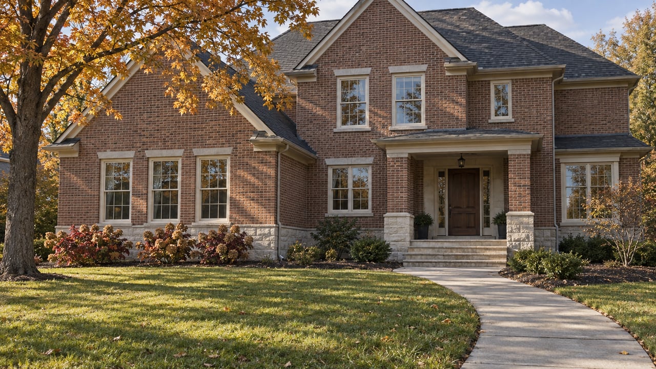 Brick and limestone home with steep gables, a recessed porch, a curving front walk and copper-yellow maple foliage.