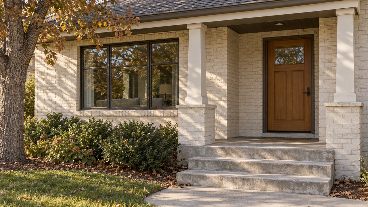 Morning light across an ivory-painted brick bungalow porch, wood front door, concrete steps and an autumn oak.