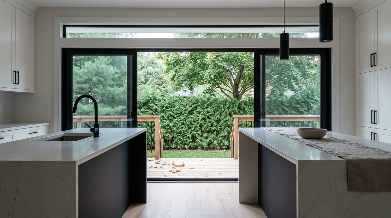White Shaker kitchen with a charcoal island facing an open slider onto a deck and hedge-lined, tree-filled yard.