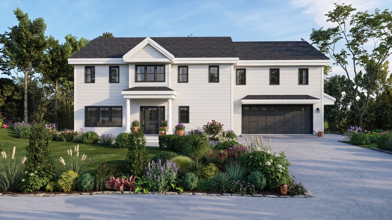 Two-story white house with a dark roof, double garage, and landscaped front yard.