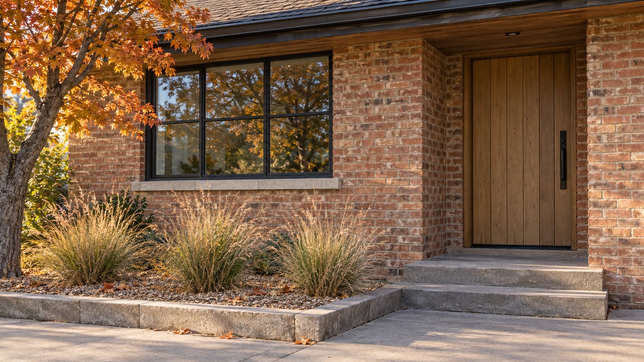 Sunlit brick bungalow entry with an oak door, black-grid window, sandstone steps, and copper-colored maple foliage.