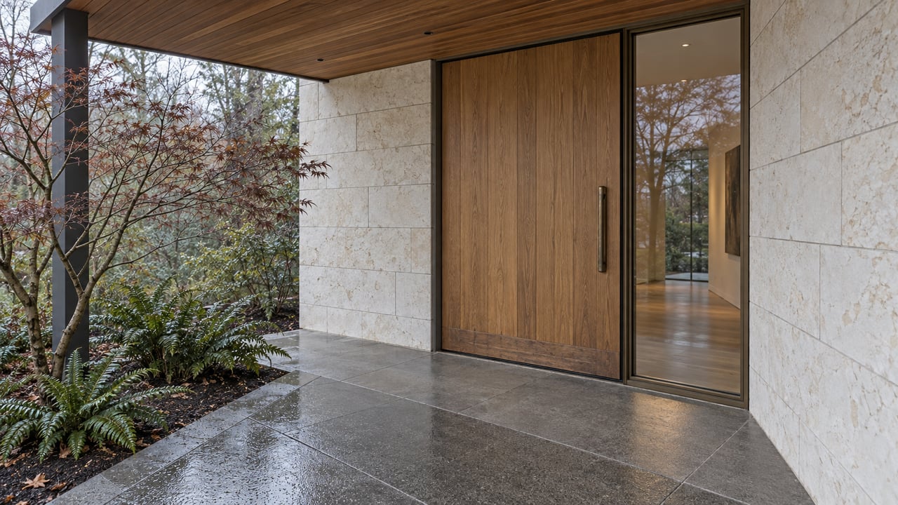 A sheltered oak entrance with a tall glass sidelight, pale stone walls and rain-darkened basalt paving beside a Japanese maple and sword ferns.