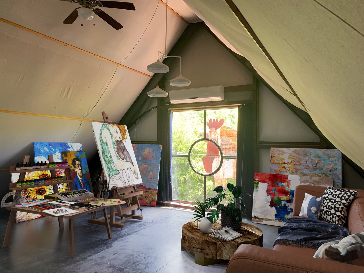 Upper-level loft staged as an art studio, with a canvas-draped ceiling and window to the trees, at 640 Tillery Street, Austin 78702.