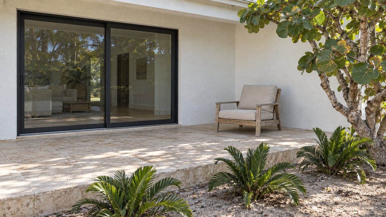 A white stucco home with closed black-framed sliding doors, a limestone lanai, one weathered teak chair and sculptural coastal planting.