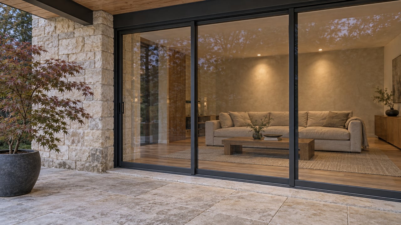 Covered limestone terrace beside closed charcoal-framed glass doors, with a warmly lit oak-floored living room inside.