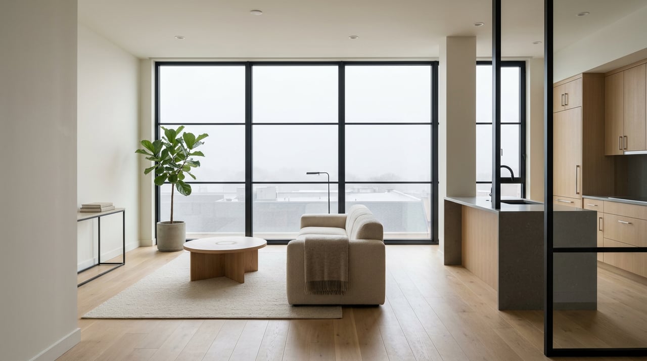 Open-plan condo living room with a white oak floor, oatmeal sofa, black-framed windows, and a potted fig tree.