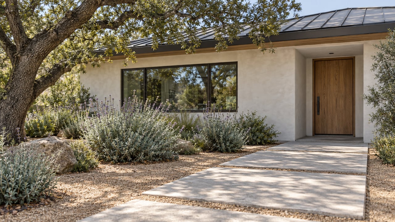 Off-white stucco home with an oak front door, bronze-framed window, and stepping-stone path beneath a live oak.