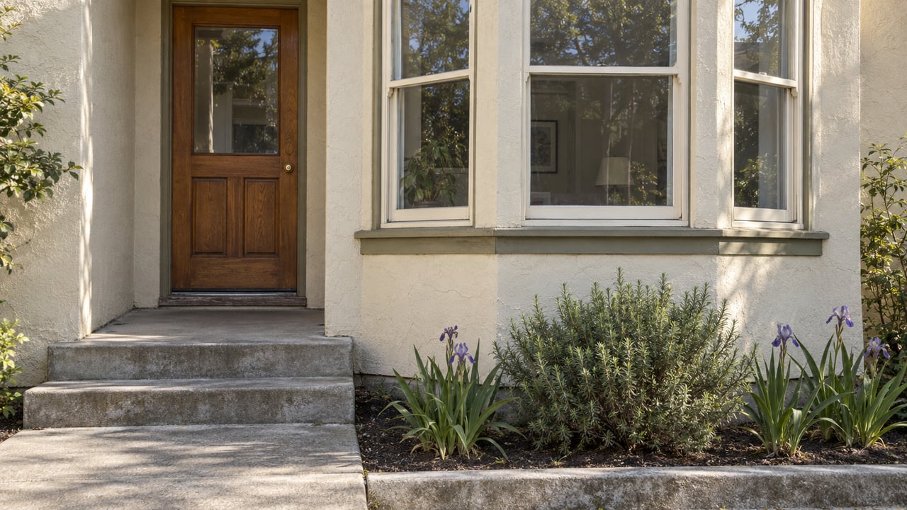 Warm ivory stucco rental facade with a wood entry door, projecting bay windows and a small planted bed beside worn concrete steps.