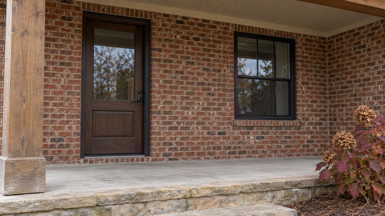 Covered brick entry with a timber porch post, glazed wood door, black-framed window and autumn oakleaf hydrangea beside a stone step.