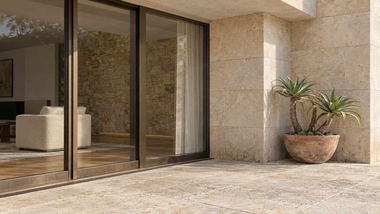 Close view of a limestone terrace, bronze-framed glass doors and a sculptural succulent beside an enclosed living room.