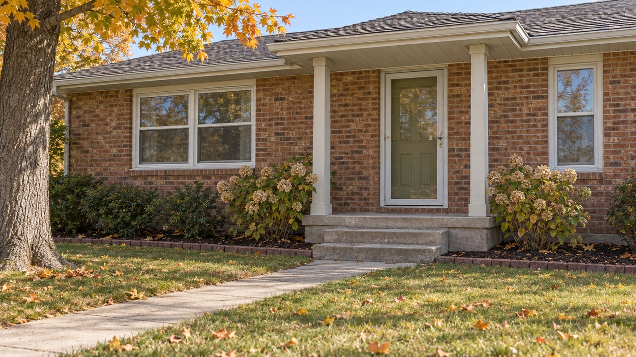 Modest brick home with a covered entry, concrete front walk and amber autumn maple over a broad lawn in afternoon daylight.