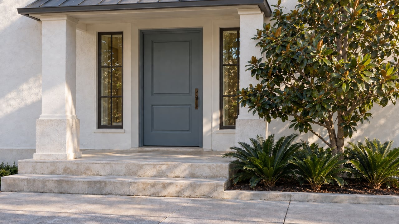 Stucco entry with a blue-gray door, limestone steps, magnolia, cycads, and paired square roof-support piers.