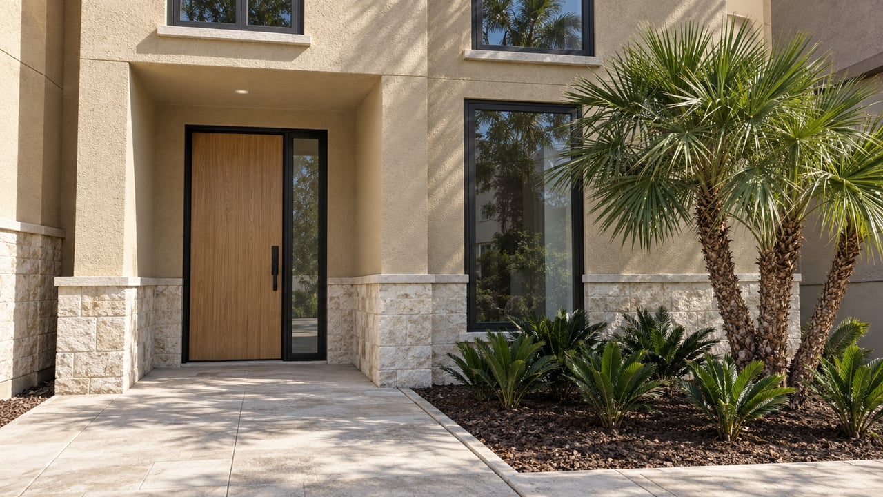 Sunlit sand-colored stucco home entry with limestone base, black-framed windows and sculptural saw palmetto beside a paved approach.