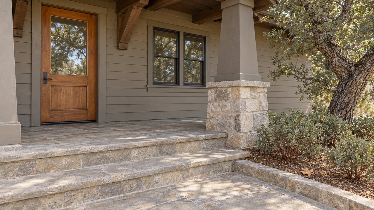Warm wood entry and taupe siding beside a stone-based porch pier, broad stone steps, and blue oak and manzanita planting.