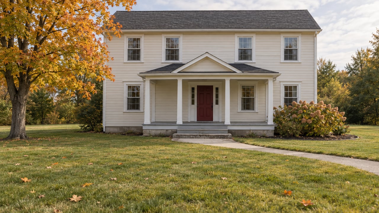 Ivory clapboard house with white-trimmed windows, a small front porch and a deep autumn lawn beside an orange-leaved maple.
