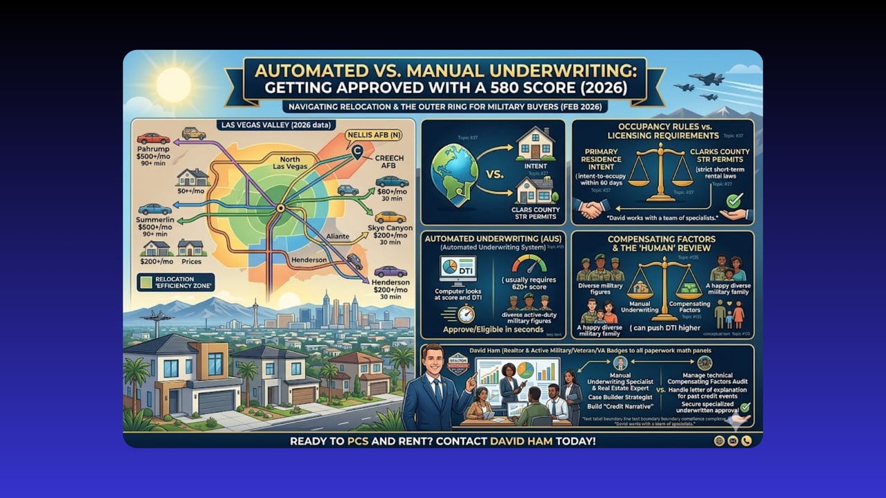 Infographic comparing automated and manual underwriting for 580-score buyers, with Las Vegas relocation and military-buyer guidance.