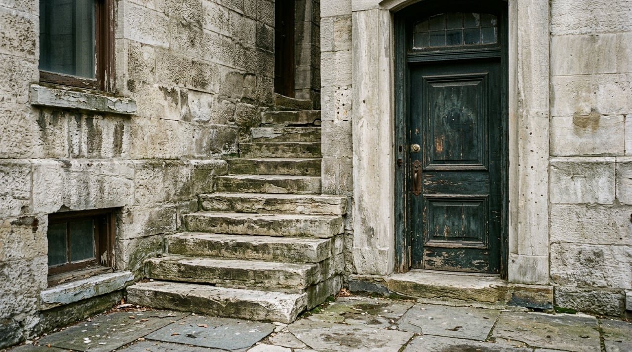 Limestone rowhome entrance with worn stoop, carved stone surround, transom, and cornice.
