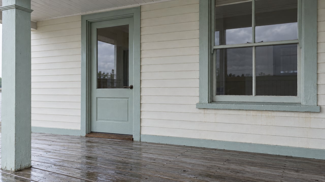Rain-darkened timber porch beneath a painted roof, with a pale seafoam entry surround, closed glazed door and white clapboard siding.