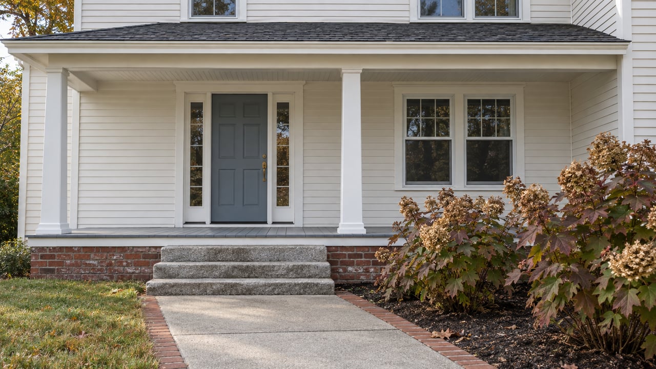 White clapboard home with a blue-gray front door, covered porch, granite steps, and autumn oakleaf hydrangeas beside a brick-edged walk.