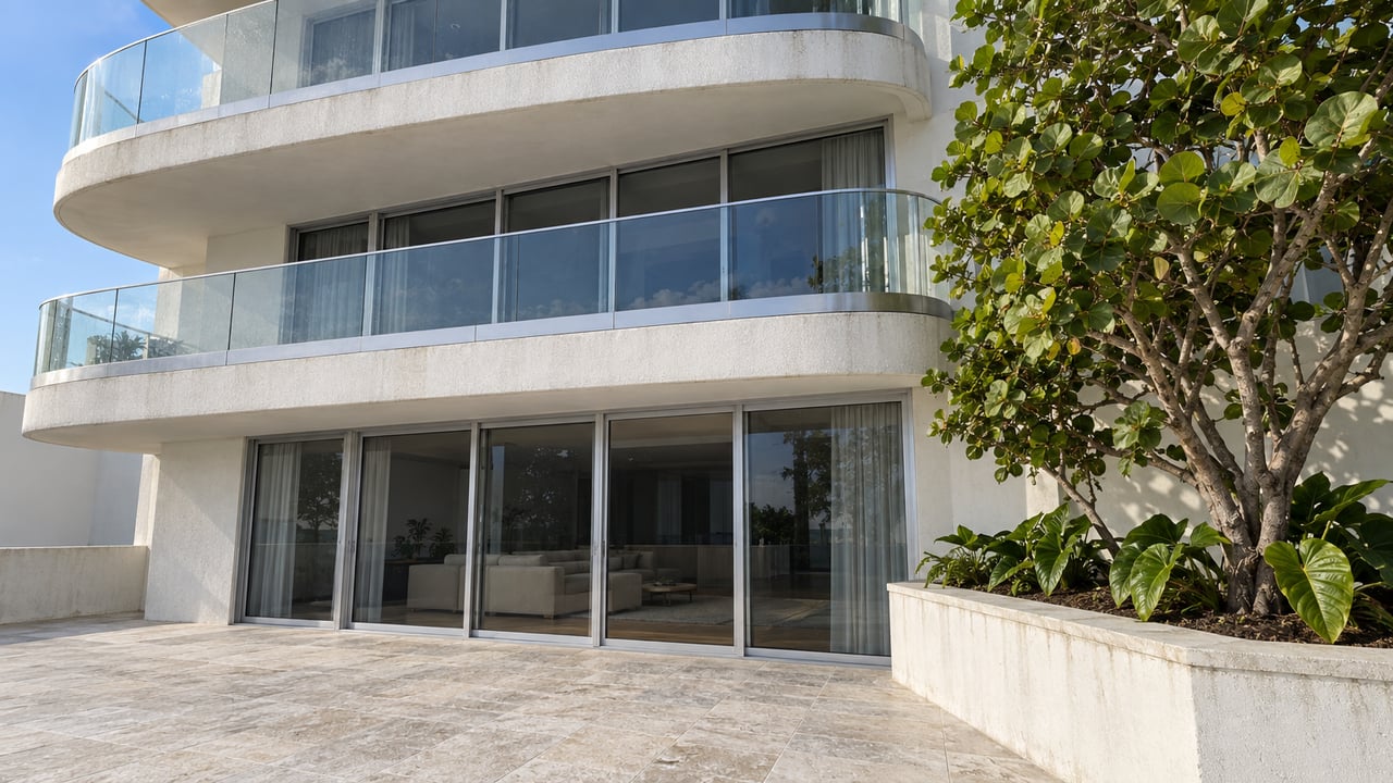 Close view of curved glass balconies above a limestone residential terrace, enclosed sliding doors, and a sculptural sea grape tree in a raised planter.