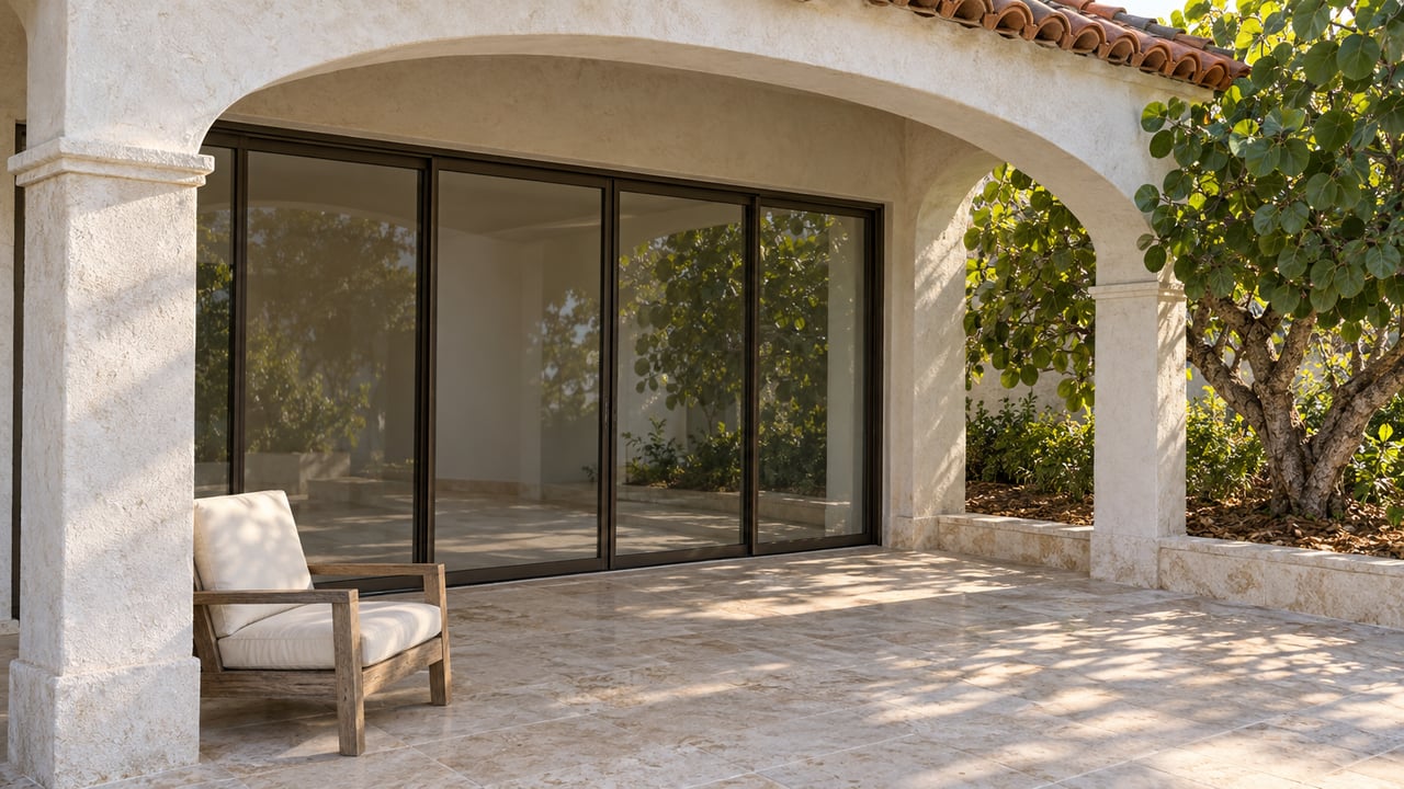 White stucco arched terrace with closed glass doors, limestone paving, a weathered teak chair, and a sea grape tree in a courtyard.