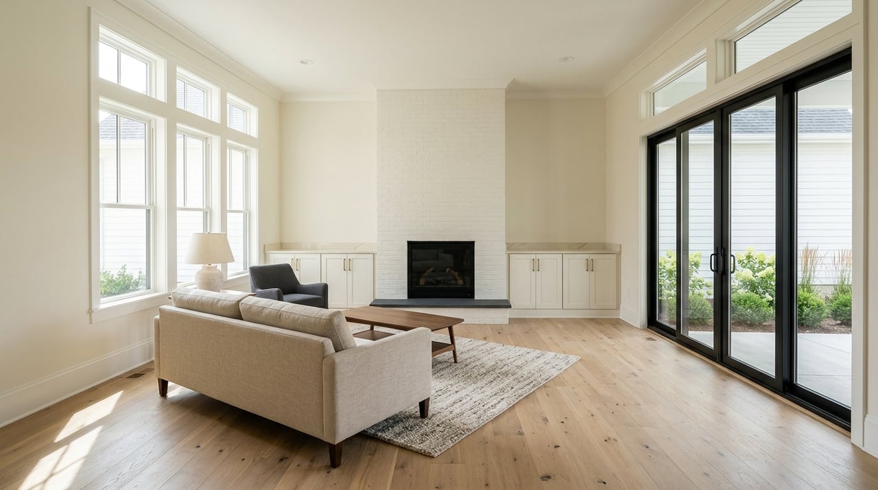 Great room with a fireplace, built-in cabinetry, white oak floors, and black-framed glazing.