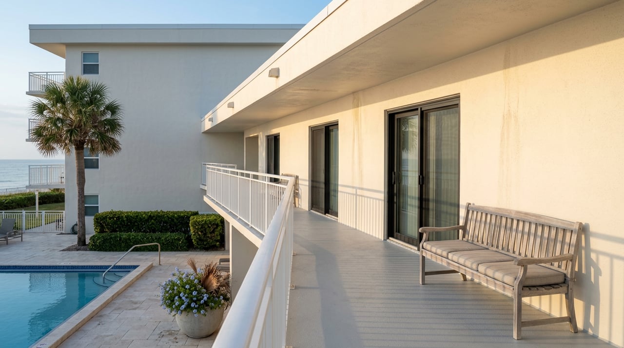 Coastal condominium facade with two balconies overlooking a tiled pool terrace and coconut palm.