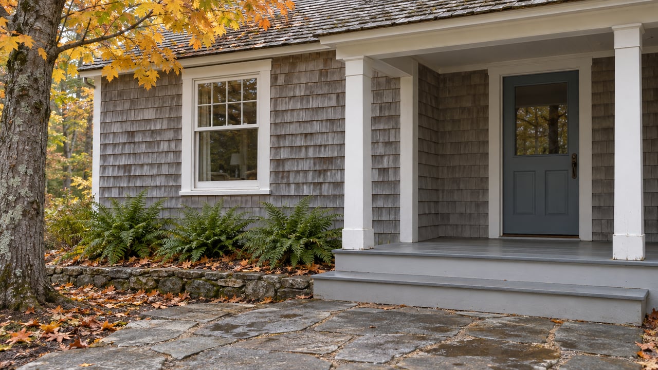 Weathered cedar cottage with white-trimmed window, covered porch and flagstone approach beneath amber maple leaves.