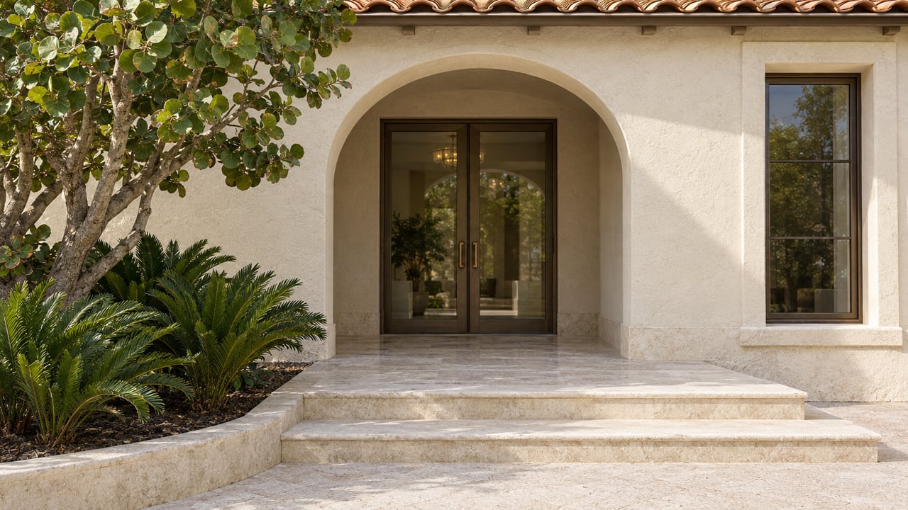 Cream stucco home with a terracotta eave, bronze glazed double doors, limestone entry steps, and sculptural sea grape planting.