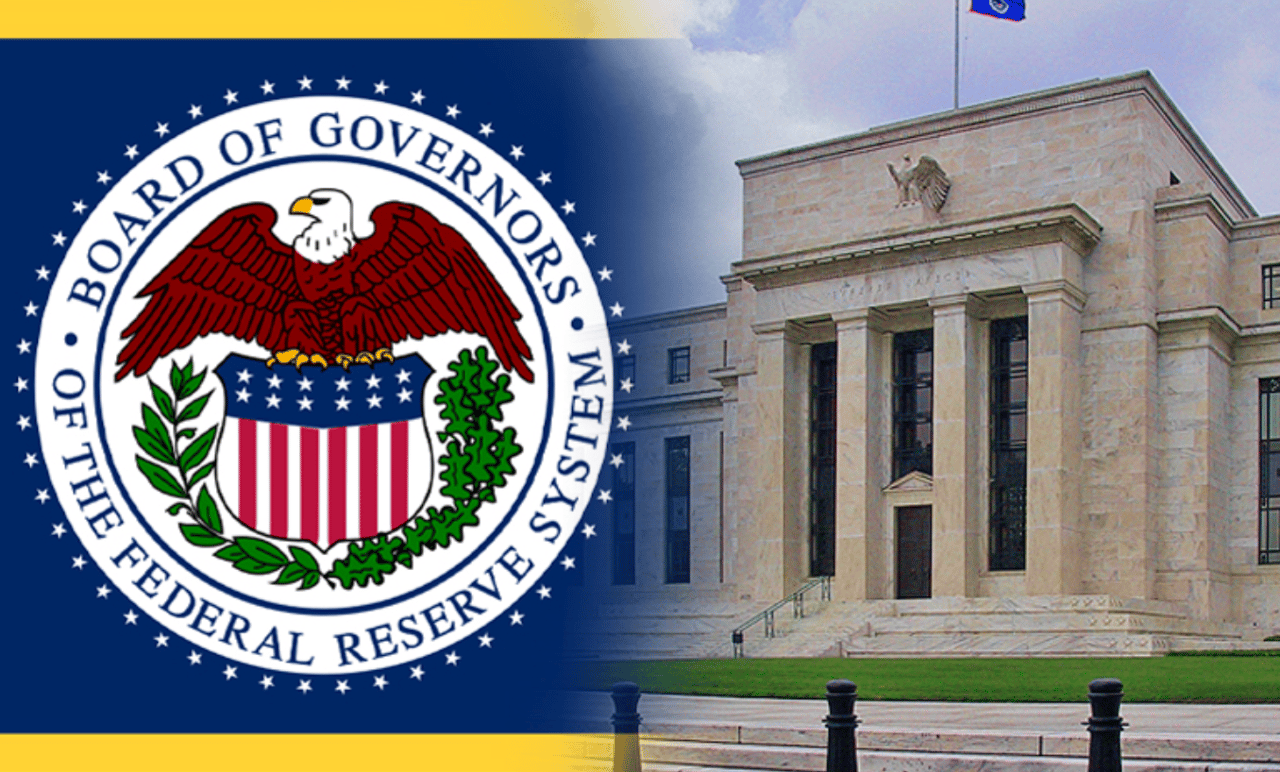Federal Reserve seal beside an exterior view of a stone government building.