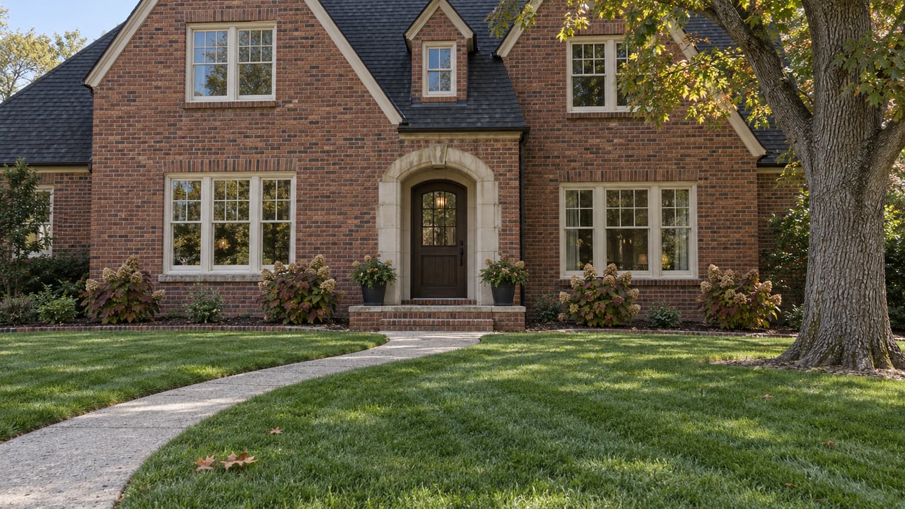 Red-brick two-story home with an arched oak entry, curved concrete walk, deep lawn and mature white oak in early autumn.