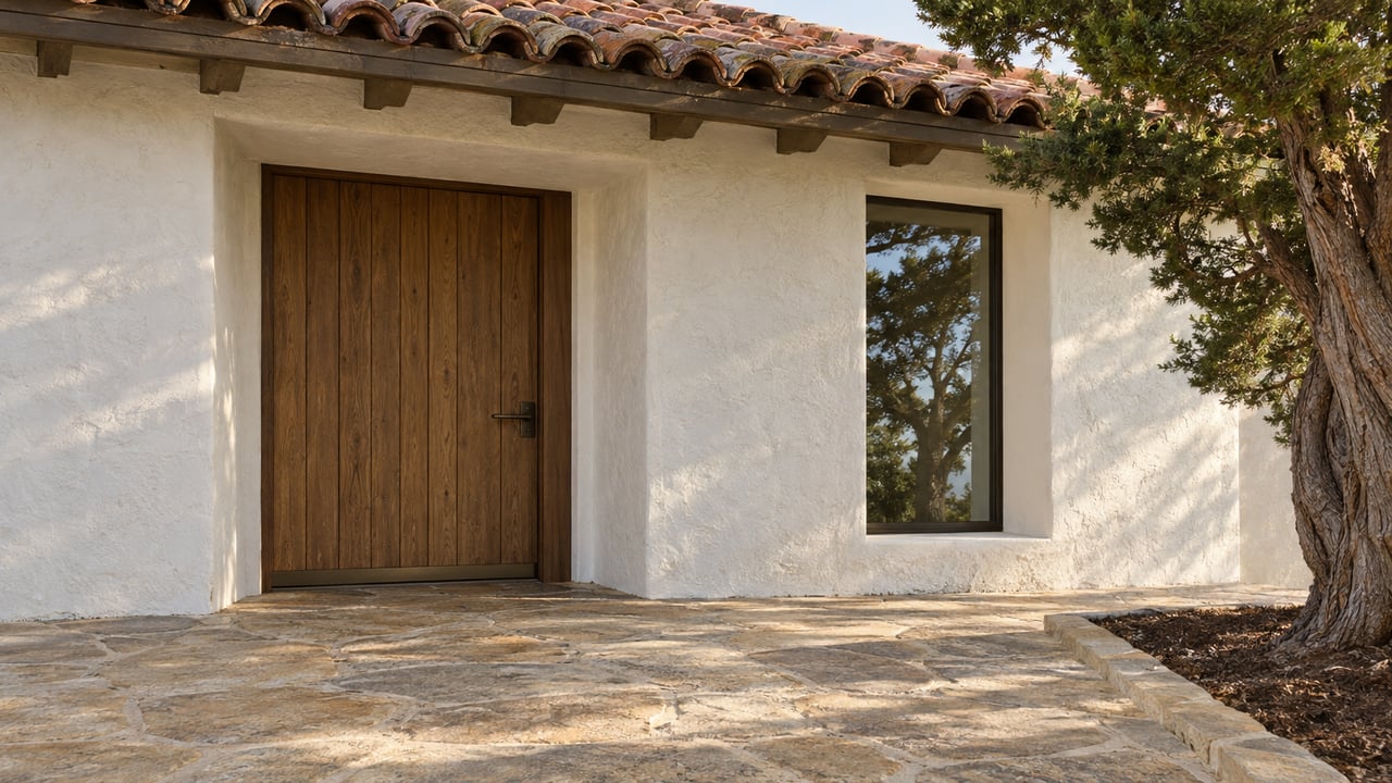 White stucco home with a clay-tile roof, recessed oak entrance, sandstone approach and a sculptural cypress.