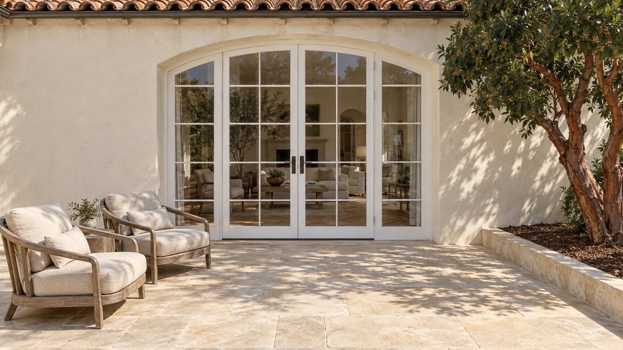 Sunlit ivory stucco home with arched glazed doors, limestone terrace, teak chairs, and a sculptural strawberry tree.
