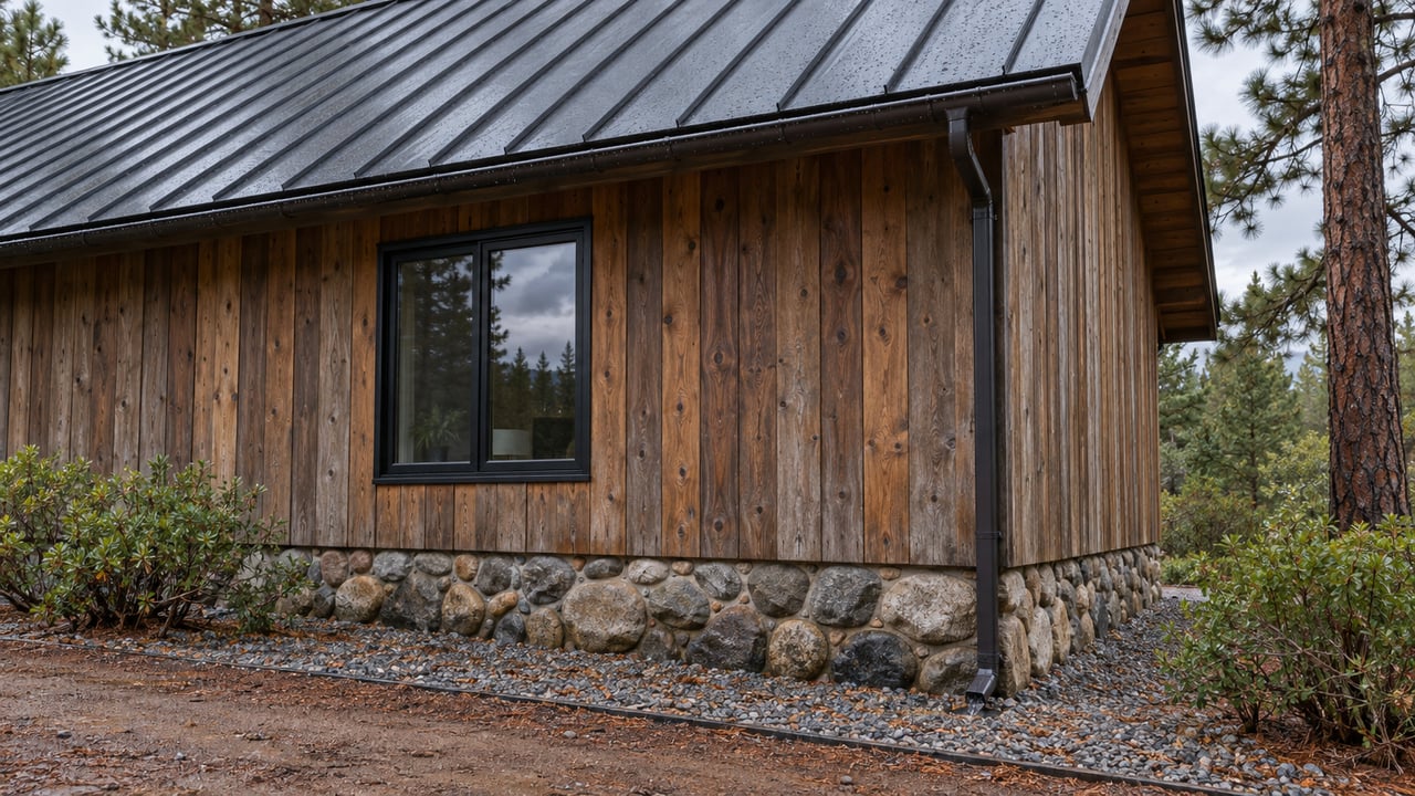Cedar-sided house corner with a black-framed window, river-rock foundation, gravel drainage strip, and pine tree.