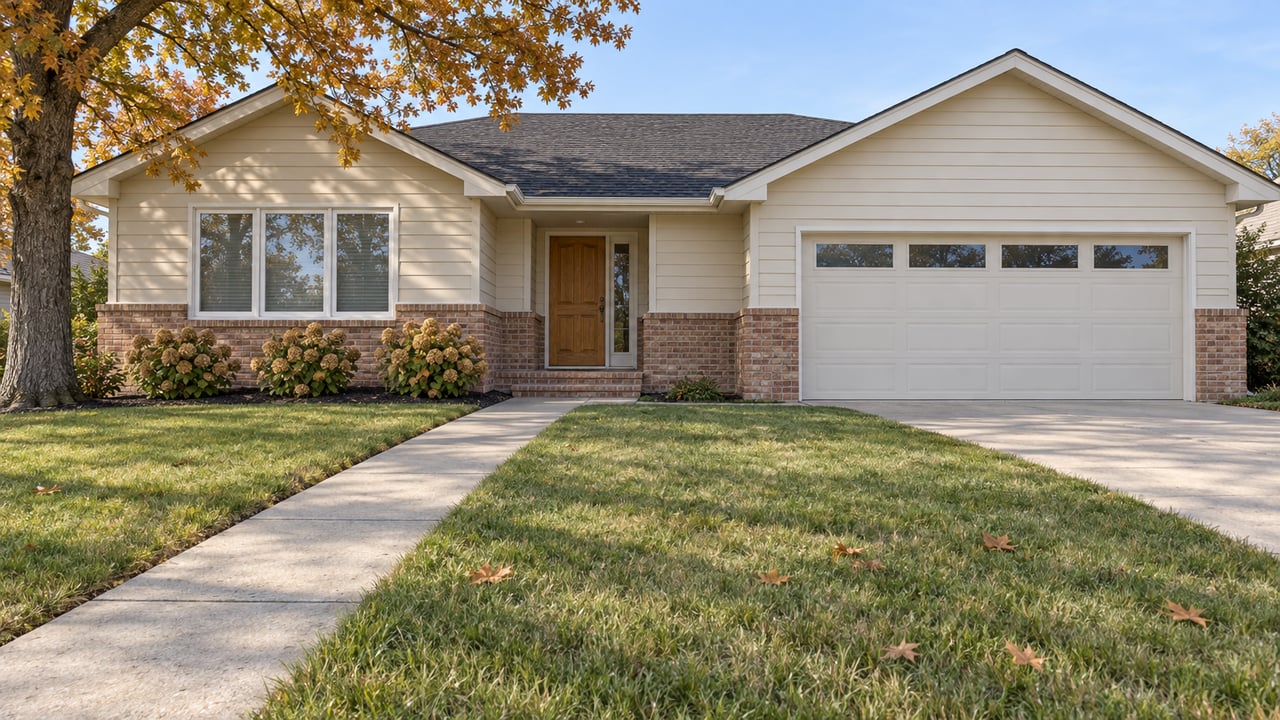 Autumn daylight on an updated single-story home with cream siding, brick accents, a deep lawn and an oak tree.