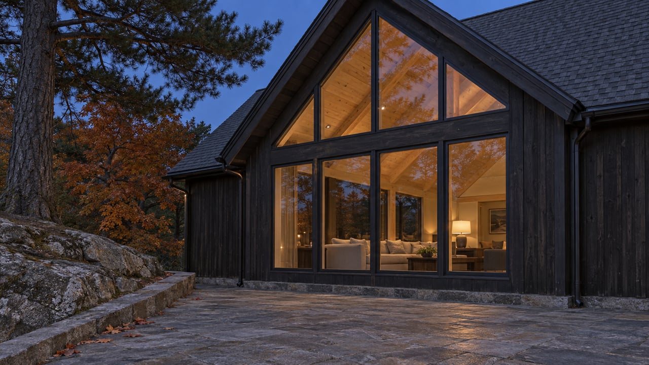 A charcoal timber cottage with a steep glazed gable glows softly above a granite terrace beneath autumn trees at blue hour.