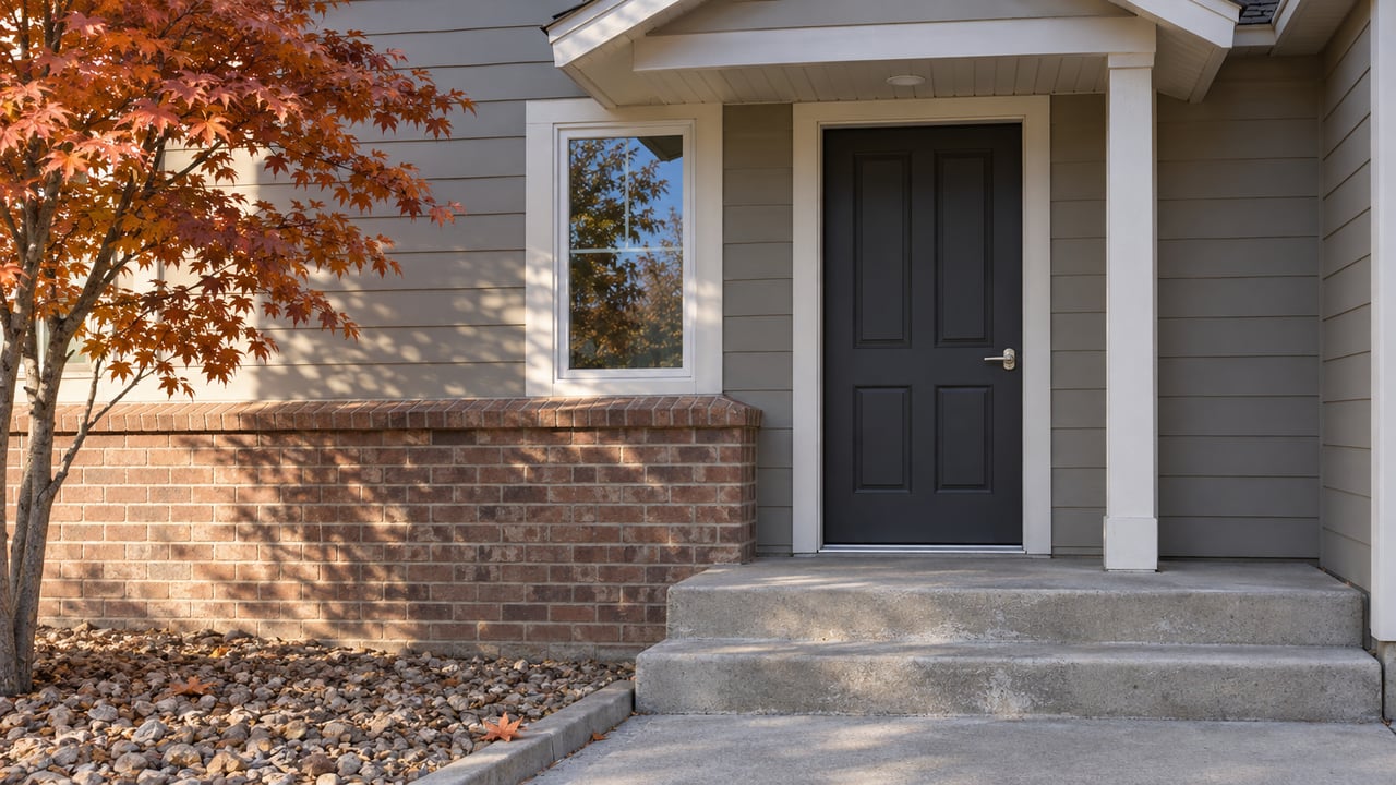 Greige lap siding, brick wainscot and a sheltered charcoal front door beside an autumn maple and concrete entry steps.